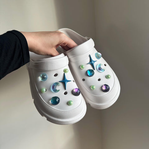 Pink Celestial Galaxy Shoe Charm Set | Transparent Crescent Moon with Metal Star Charms | Planets Space Alternative Glitter Charms Sets