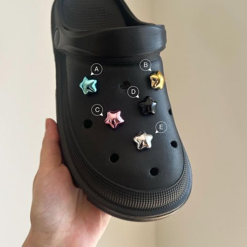 Metallic Stars Shoe Charms | Cute Gold, Silver, Blue, Pink, Black Chrome Shiny Metal Look Star Charm Set for Shoes