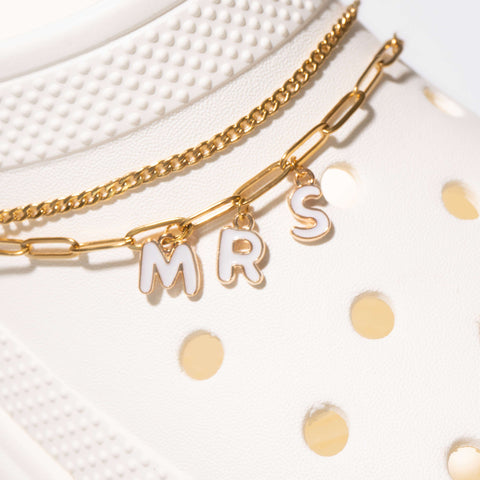 Customisable Bridal Double Strand Shoe Chains in Gold with White Bubble Letters