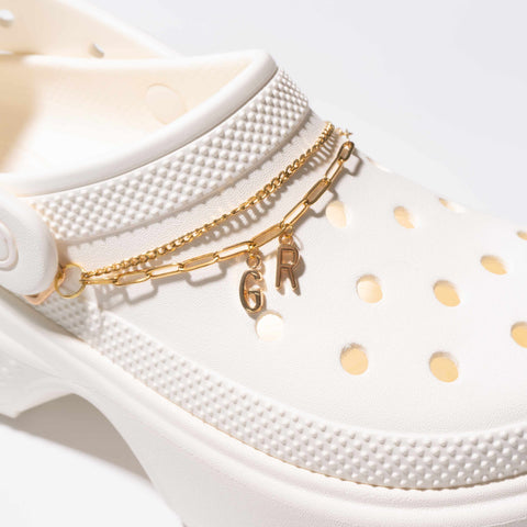 Customisable Letters on Double Strand Shoe Chains in Gold – Classic Font