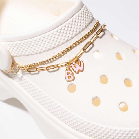Customisable Letters on Double Strand Shoe Chains in Gold – Enamel Bubble Font Pink