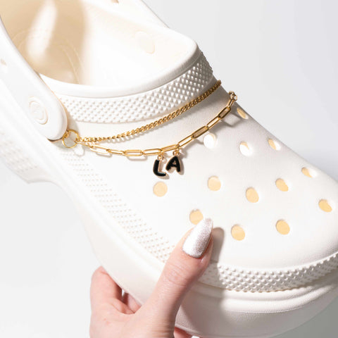 Customisable Letters on Double Strand Shoe Chains in Gold – Enamel Bubble Font Black