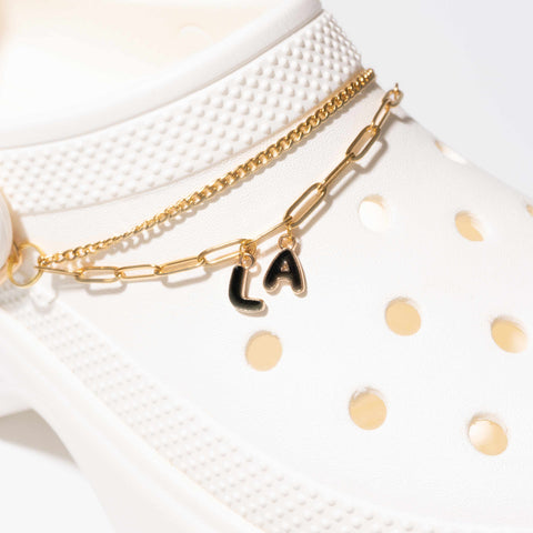 Customisable Letters on Double Strand Shoe Chains in Gold – Enamel Bubble Font Black