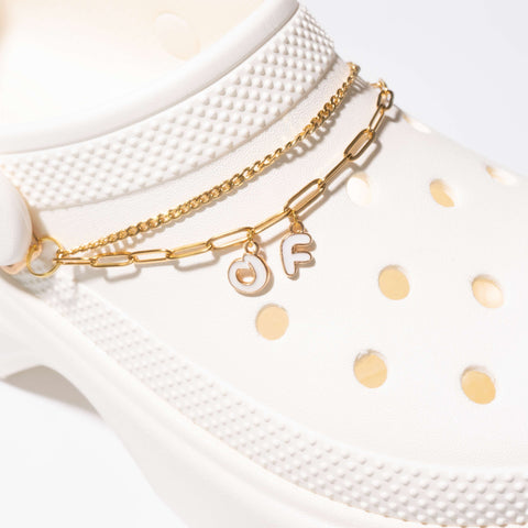 Customisable Letters on Double Strand Shoe Chains in Gold – Enamel Bubble Font White