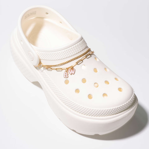 Customisable Letters on Double Strand Shoe Chains in Gold – Enamel Bubble Font Pink