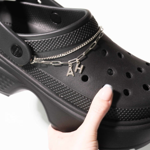 Customisable Letters on Double Strand Shoe Chains in Silver – Bling Font