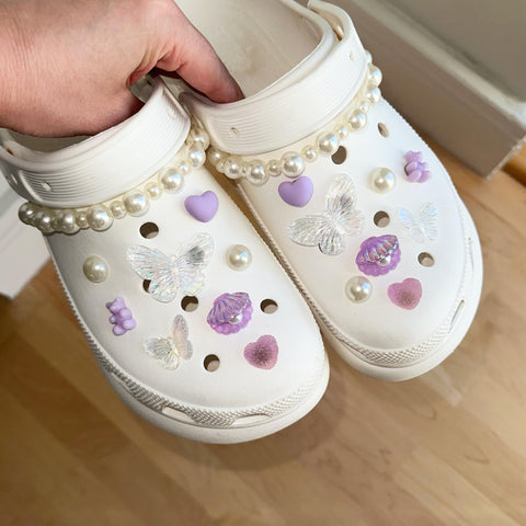 Butterfly Pearl Shoe Charms Set with Chains | Pretty Kawaii Girly Butterflies with Pearls and Pearl Straps for Shoes | Coquette Aesthetic