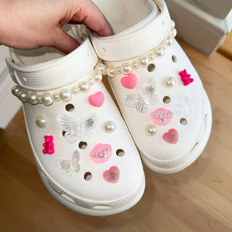 Butterfly Pearl Shoe Charms Set with Chains | Pretty Kawaii Girly Butterflies with Pearls and Pearl Straps for Shoes | Coquette Aesthetic