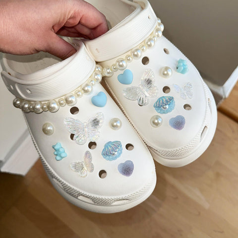 Butterfly Pearl Shoe Charms Set with Chains | Pretty Kawaii Girly Butterflies with Pearls and Pearl Straps for Shoes | Coquette Aesthetic