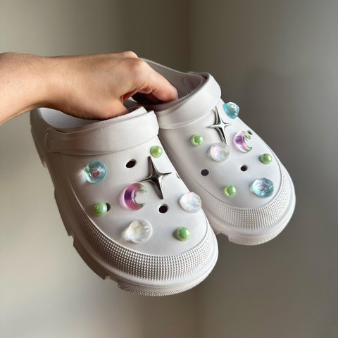 Pink Celestial Galaxy Shoe Charm Set | Transparent Crescent Moon with Metal Star Charms | Planets Space Alternative Glitter Charms Sets