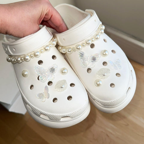 Butterfly Pearl Shoe Charms Set with Chains | Pretty Kawaii Girly Butterflies with Pearls and Pearl Straps for Shoes | Coquette Aesthetic