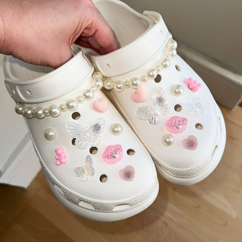 Butterfly Pearl Shoe Charms Set with Chains | Pretty Kawaii Girly Butterflies with Pearls and Pearl Straps for Shoes | Coquette Aesthetic