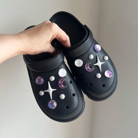 Pink Celestial Galaxy Shoe Charm Set | Transparent Crescent Moon with Metal Star Charms | Planets Space Alternative Glitter Charms Sets