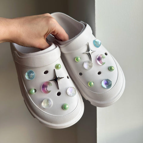 Pink Celestial Galaxy Shoe Charm Set | Transparent Crescent Moon with Metal Star Charms | Planets Space Alternative Glitter Charms Sets