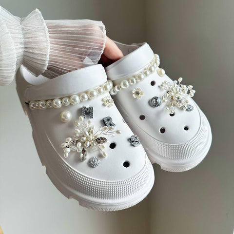 Mrs Bridal Silver and Pearl Set of Shoe Charms | Charm Gift Set for Wedding Bride | Aesthetic Minimal Luxury Bling Charms Set for Shoes