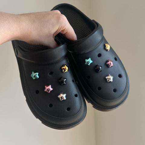 Metallic Stars Shoe Charms | Cute Gold, Silver, Blue, Pink, Black Chrome Shiny Metal Look Star Charm Set for Shoes