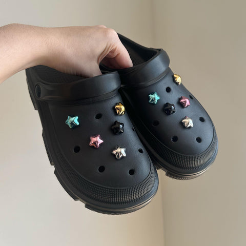 Metallic Stars Shoe Charms | Cute Gold, Silver, Blue, Pink, Black Chrome Shiny Metal Look Star Charm Set for Shoes