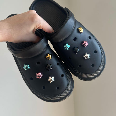 Metallic Stars Shoe Charms | Cute Gold, Silver, Blue, Pink, Black Chrome Shiny Metal Look Star Charm Set for Shoes