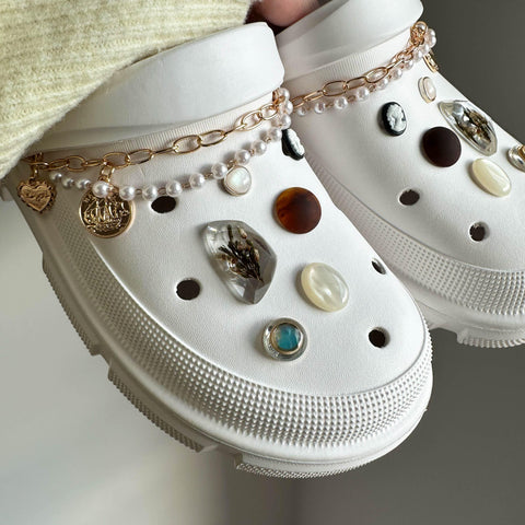 Girly Korean Romance Shoe Charm Set | Coquette Aesthetic Pack of Charms for Shoes with Gold and Pearl Shoe Chains