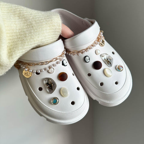Girly Korean Romance Shoe Charm Set | Coquette Aesthetic Pack of Charms for Shoes with Gold and Pearl Shoe Chains