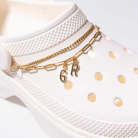 Customisable Letters on Double Strand Shoe Chains in Gold – Classic Font