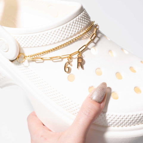 Customisable Letters on Double Strand Shoe Chains in Gold – Classic Font