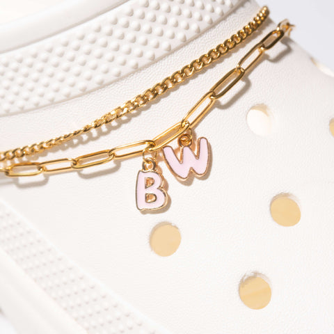Customisable Letters on Double Strand Shoe Chains in Gold – Enamel Bubble Font Pink