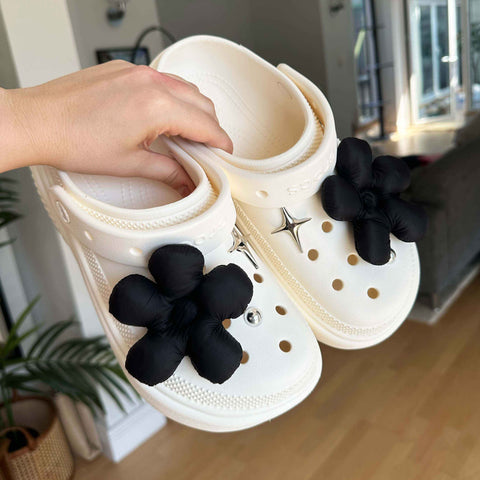 Pair of Plush Flower Shoe Charms in Black